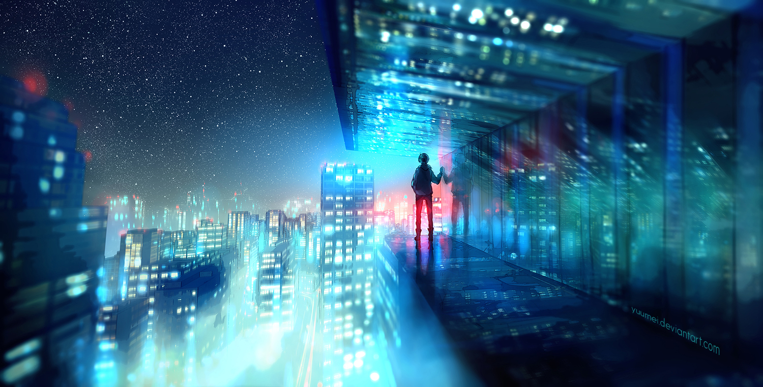 A lone figure on a rooftop overlooking a vast neon city at night, from Fisheye Placebo.