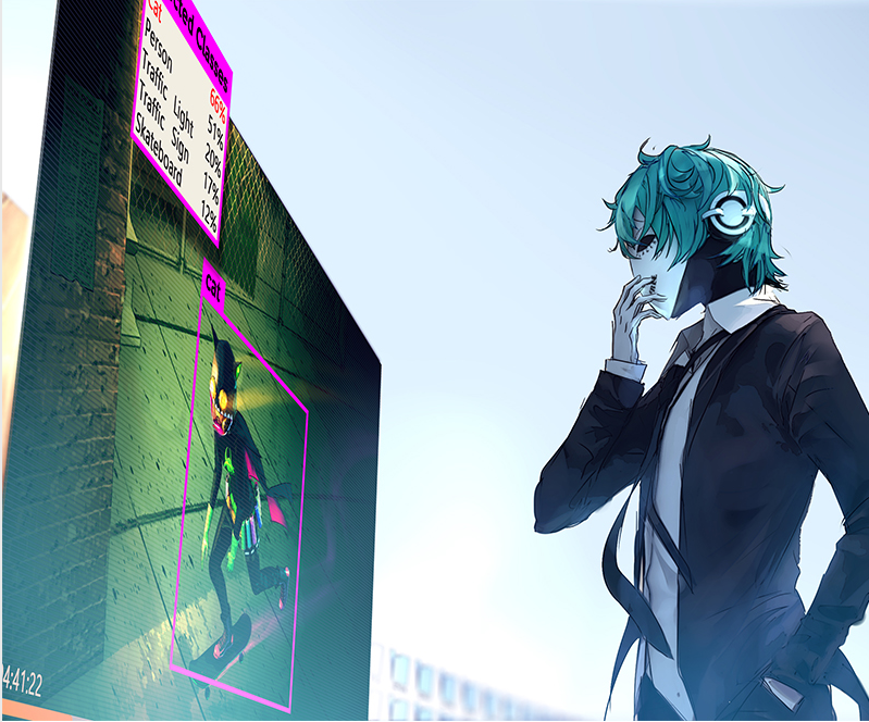 A character from Yuumei's Fisheye Placebo facing a glowing screen in a neon city.
